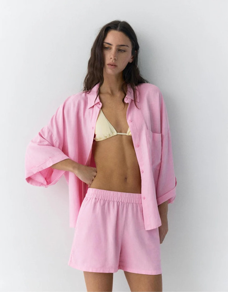  Pull & Bear Rustic Linen Blend Shirt In Pink 