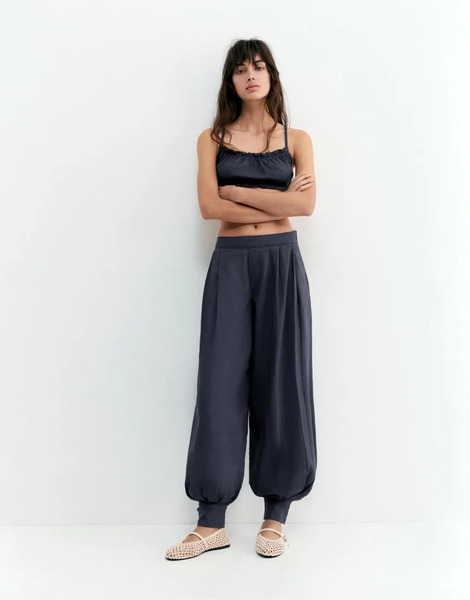  Pull & Bear Rustic Sarouel Trousers In Grey Blue 