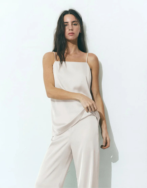  Pull & Bear Satin Fabric Strappy Top In Beige Neutral 