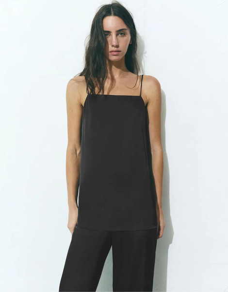  Pull & Bear Satin Fabric Strappy Top In Black 