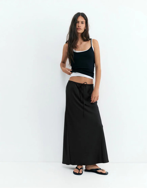  Pull & Bear Satin Midi Skirt In Black 