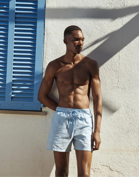  Pull & Bear Seersucker Swim Shorts In Blue 
