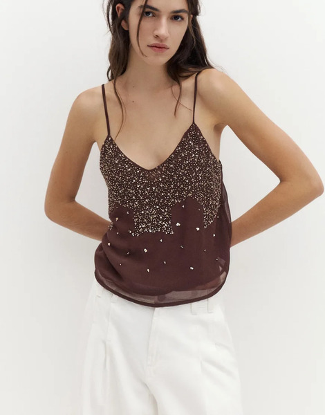  Pull & Bear Sequined Strappy Top In Wine Red 