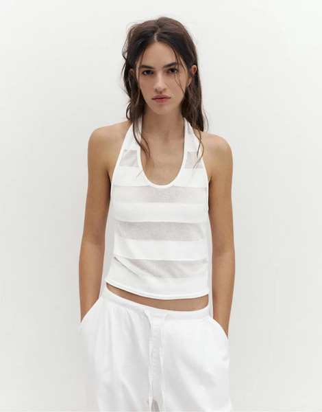  Pull & Bear Sheer Halter Top In Beige Neutral 