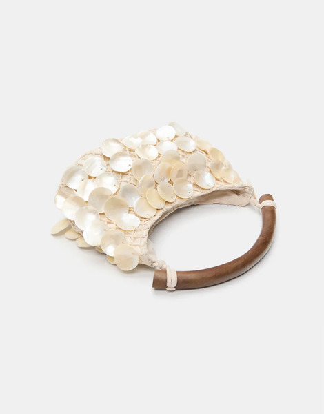  Pull & Bear Shell Beaded Top Handle Bag In Ecru White 