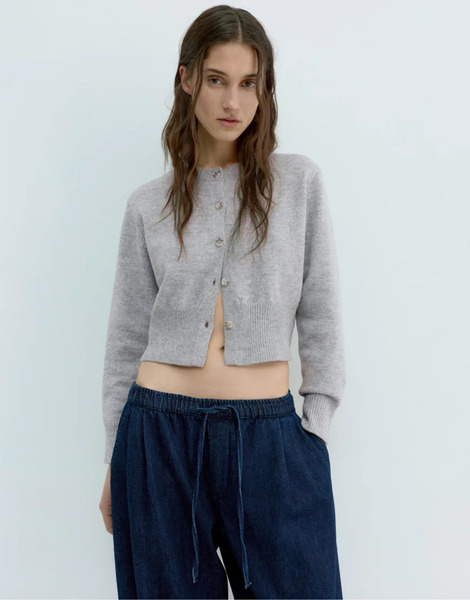  Pull & Bear Short Buttoned Cardigan In Medium Marl Grey 