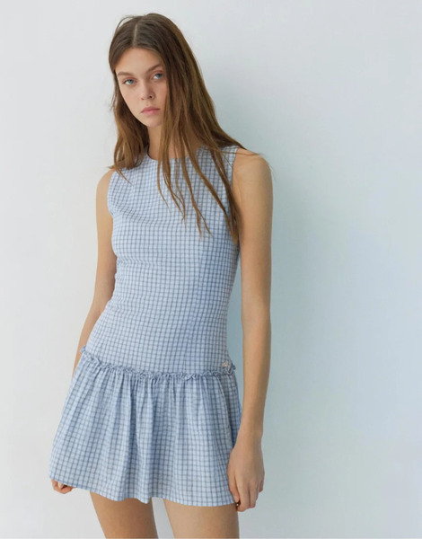  Pull & Bear Short Checked Dress With Voluminous Hem In Sky Blue 