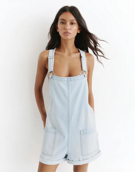  Pull & Bear Short Denim Dungarees In Pale Blue 