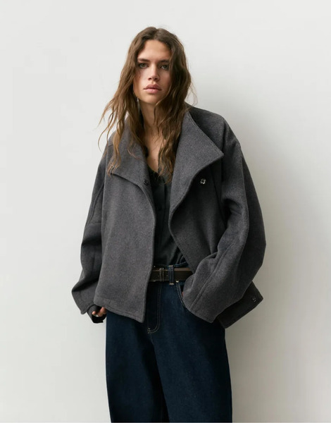  Pull & Bear Short Felt Texture Coat In Grey 