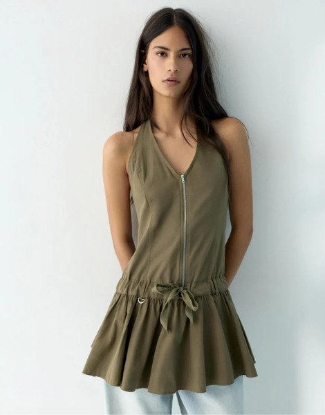  Pull & Bear Short Halter Dress With Zip In Khaki Green 