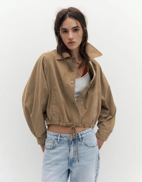  Pull & Bear Short Jacket With Drawstring Hem In Brown 