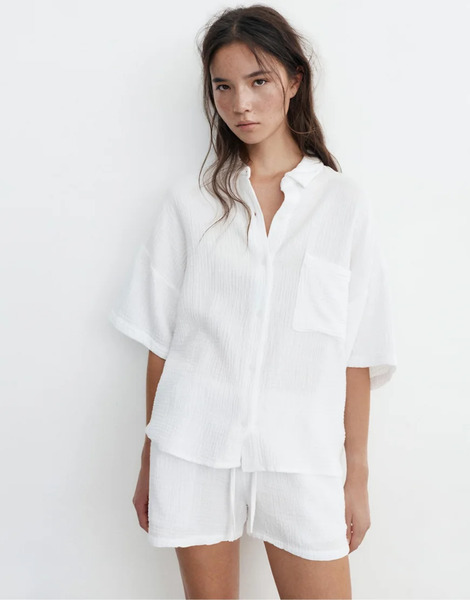  Pull & Bear Short Sleeve Crepe Shirt In White 