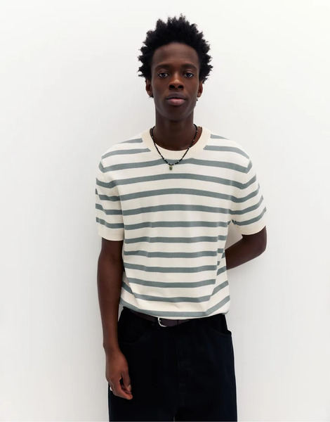  Pull & Bear Short Sleeve Khaki Striped Jumper In Ecru Multi 