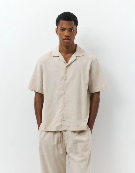  Pull & Bear Short Sleeve Linen Blend Shirt In Beige Neutral 