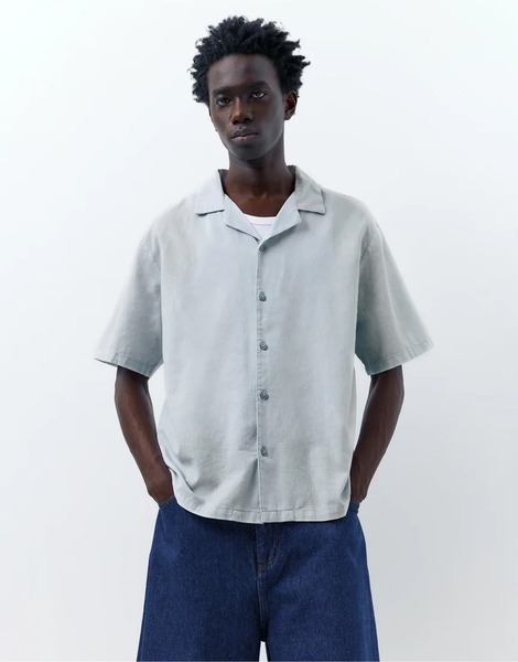  Pull & Bear Short Sleeve Linen Blend Shirt In Pale Blue 