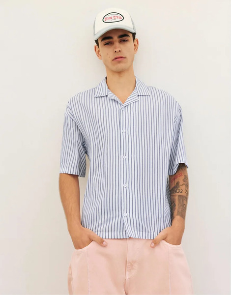  Pull & Bear Short Sleeve Poplin Shirt In Striped Multi 