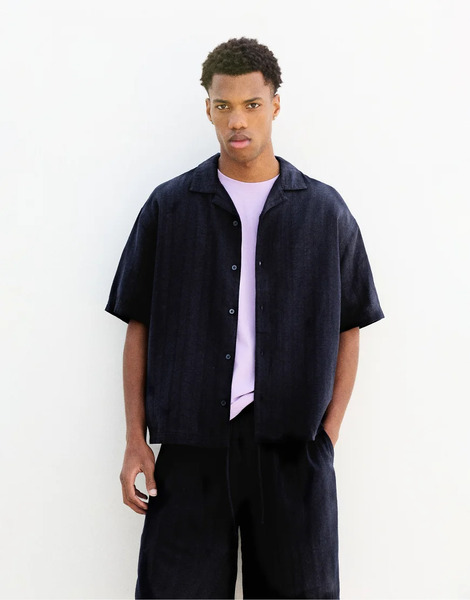  Pull & Bear Short Sleeve Textured Shirt In Navy 
