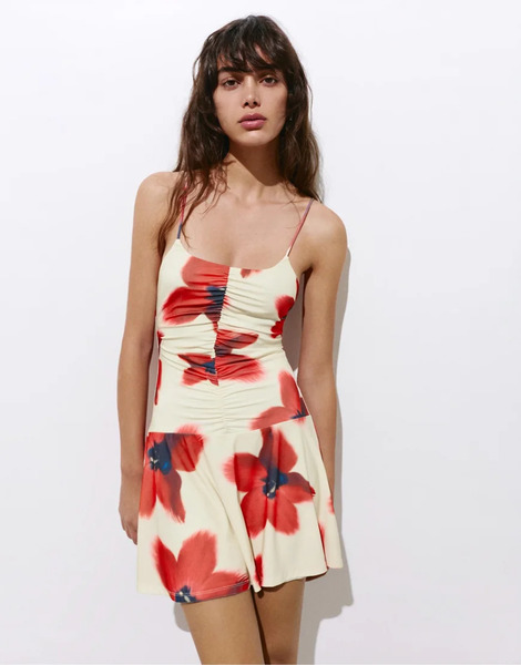 Pull & Bear Short Strappy Gathered Dress In Mult Multi 