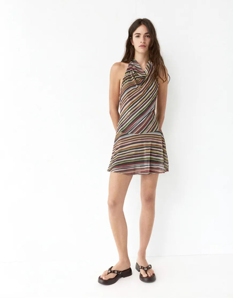 Pull & Bear Short Striped Halter Dress In Striped Multi 
