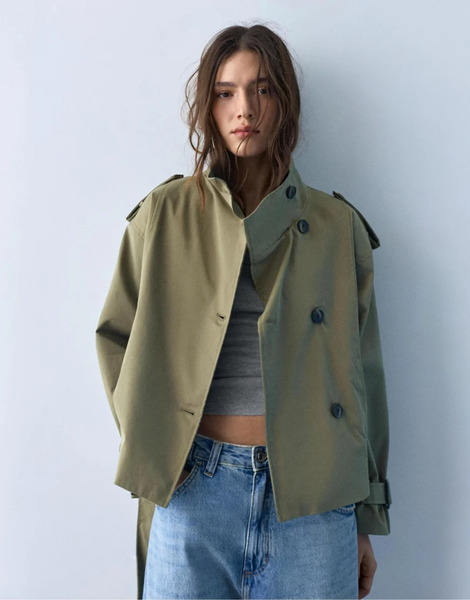  Pull & Bear Short Trench Coat In Khaki Green 