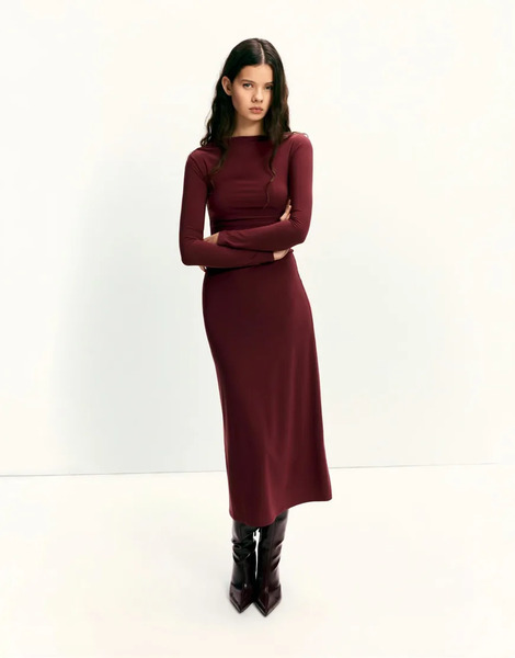  Pull & Bear Soft Draped Midi Dress In Burgundy Red 