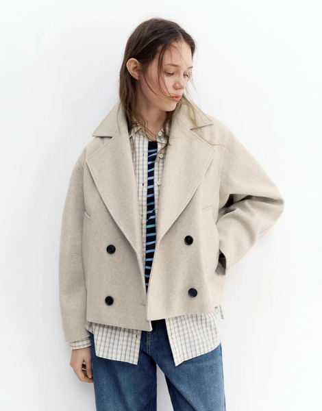  Pull & Bear Soft Short Felt Texture Coat In Sand Neutral 