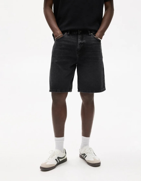  Pull & Bear Standard Denim Bermuda Shorts In Faded Black Grey 