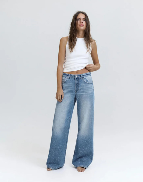  Pull & Bear Straight Leg Baggy Jeans With Rhinestones In Medium Blue 