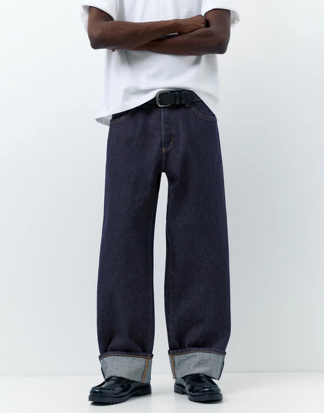  Pull & Bear Straight Leg Selvedge Jeans In Navy 