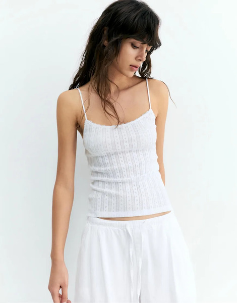  Pull & Bear Strappy Pointelle Knit Top In White 