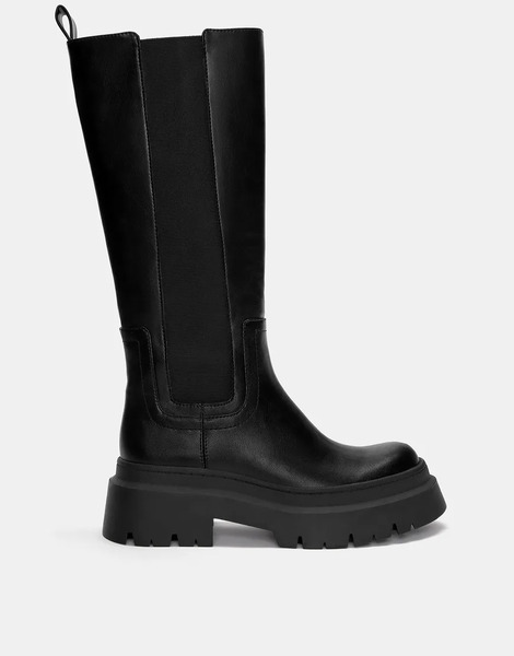  Pull & Bear Stretch Chunky Knee High Boots In Black 