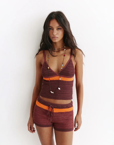  Pull & Bear Striped Crochet Knit Top In Brown 