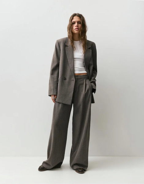  Pull & Bear Striped Double Breasted Blazer In Mole Brown 