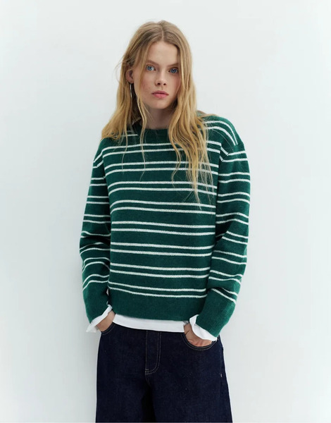  Pull & Bear Striped Jumper In Bottle Green 