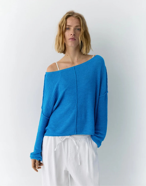  Pull & Bear Striped Jumper With Seam Detail In Deep Blue 