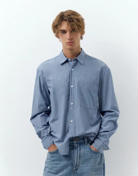  Pull & Bear Striped Long Sleeve Shirt In Pale Blue 