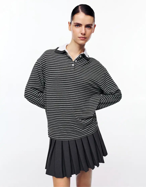  Pull & Bear Striped Polo Shirt With Contrast Collar In Grey 
