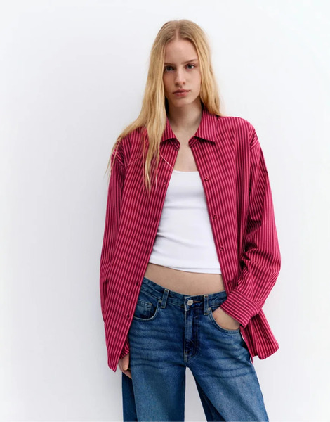  Pull & Bear Striped Poplin Shirt In Pink 