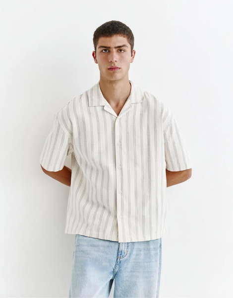  Pull & Bear Striped Rustic Shirt In Off White 