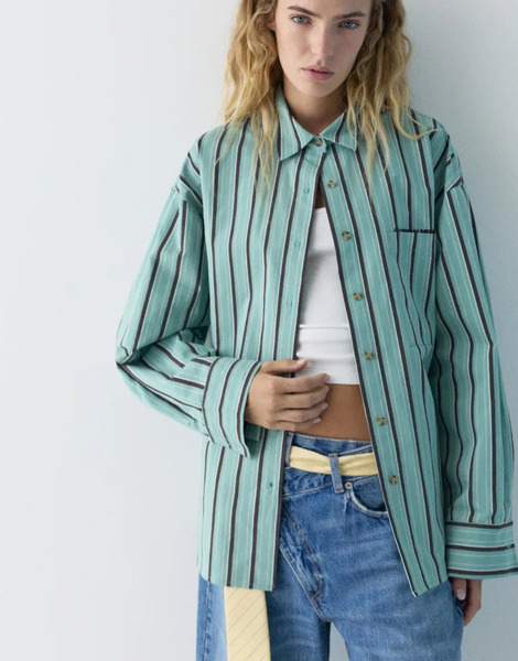  Pull & Bear Striped Shirt With Pocket In Turquoise Blue 
