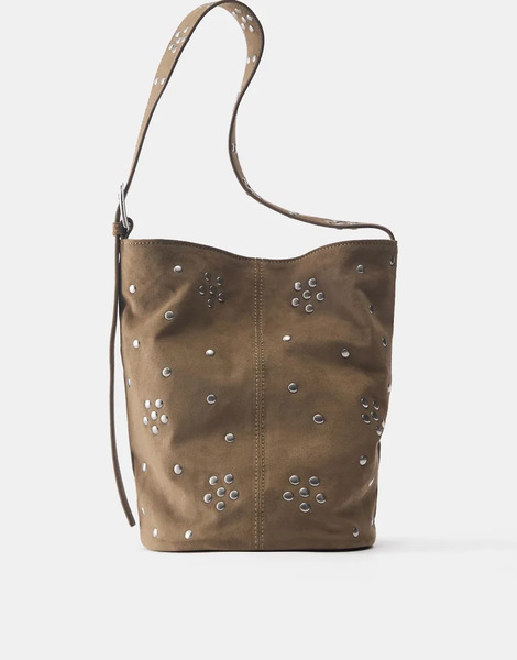  Pull & Bear Studded Bucket Bag In Brown 