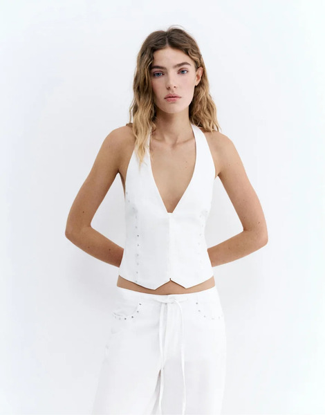  Pull & Bear Studded Halter Top In White 