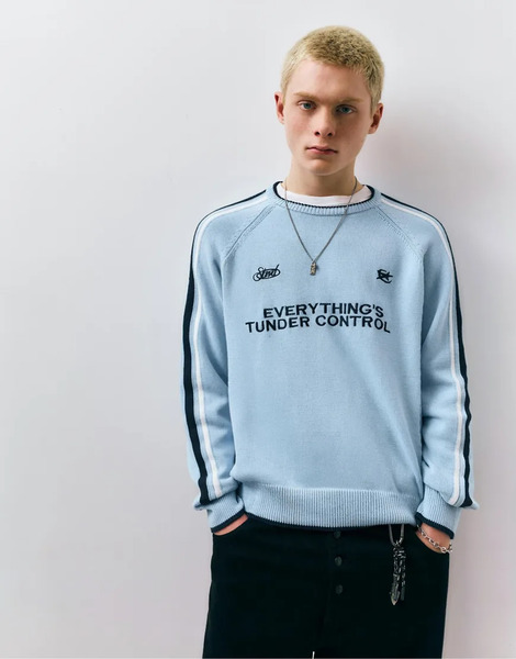  Pull & Bear Stwd Embroidered Striped Jumper In Sky Blue 