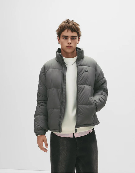  Pull & Bear Stwd Hooded Puffer Jacket In Anthracite Grey 