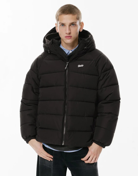  Pull & Bear Stwd Hooded Puffer Jacket In Black 