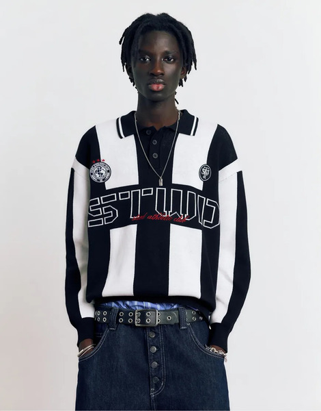  Pull & Bear Stwd Knit Polo Shirt In White/black Multi 