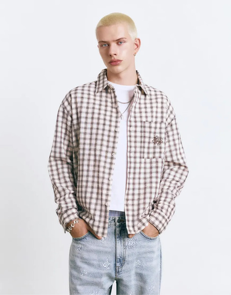  Pull & Bear Stwd Plaid Shirt In Off White 