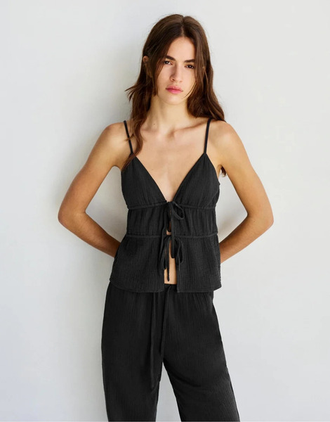  Pull & Bear Textured Strappy Top In Faded Black Grey 