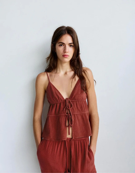  Pull & Bear Textured Strappy Top In Russet Orange 