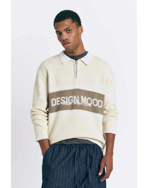  Pull & Bear Textured Zip Up Polo Shirt In Off White 